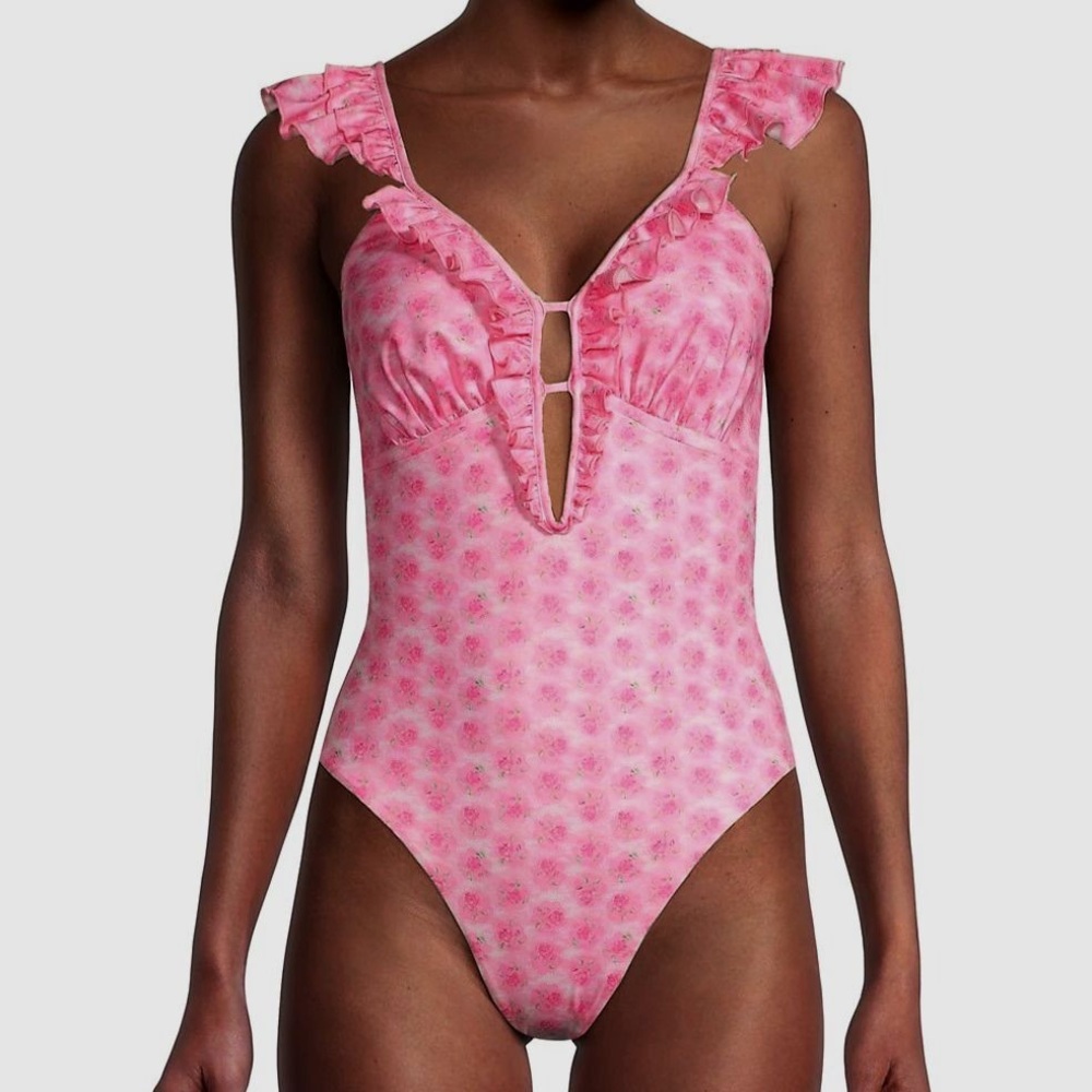 LoveShackFancy Women's Pink Rosebud Tibbie One-Piece Swimsuit Size L